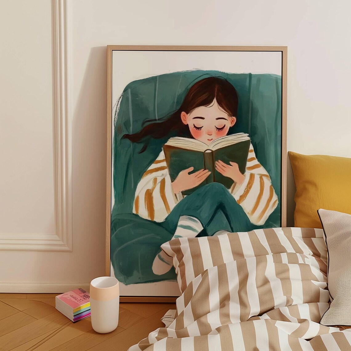 Girl Reading In Teal Armchair Cozy Striped Socks Bookish Art Poster - Image 4