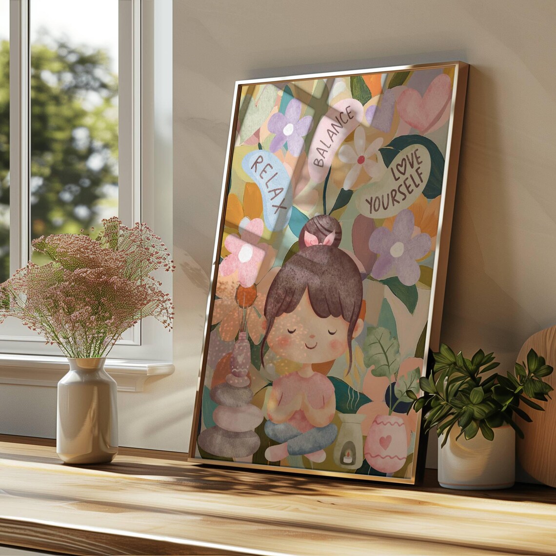 Relax Balance Love Yourself Meditating Girl Floral Mindfulness Poster - Image 4