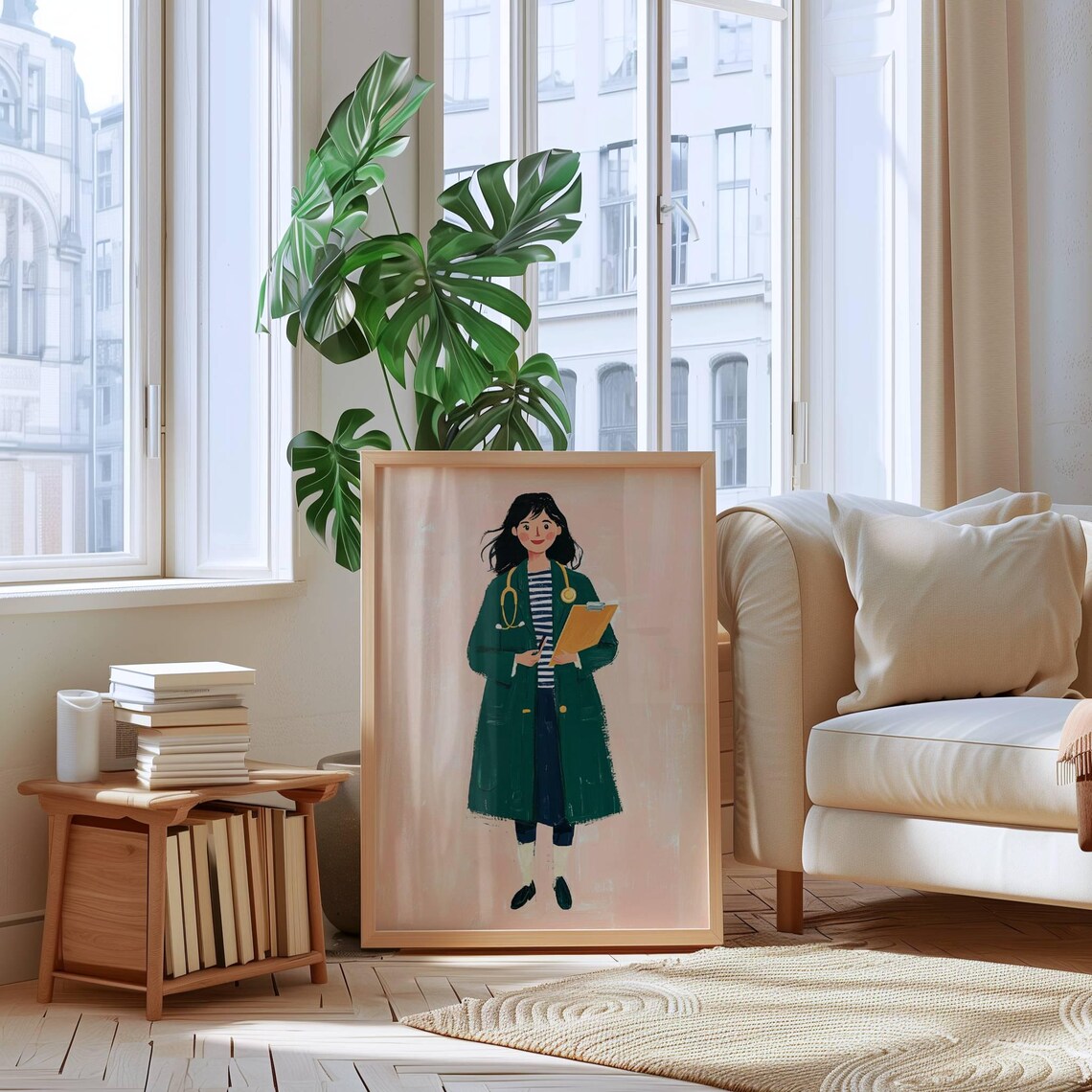 Female Doctor Illustration Green Coat Stethoscope Art Poster - Image 2