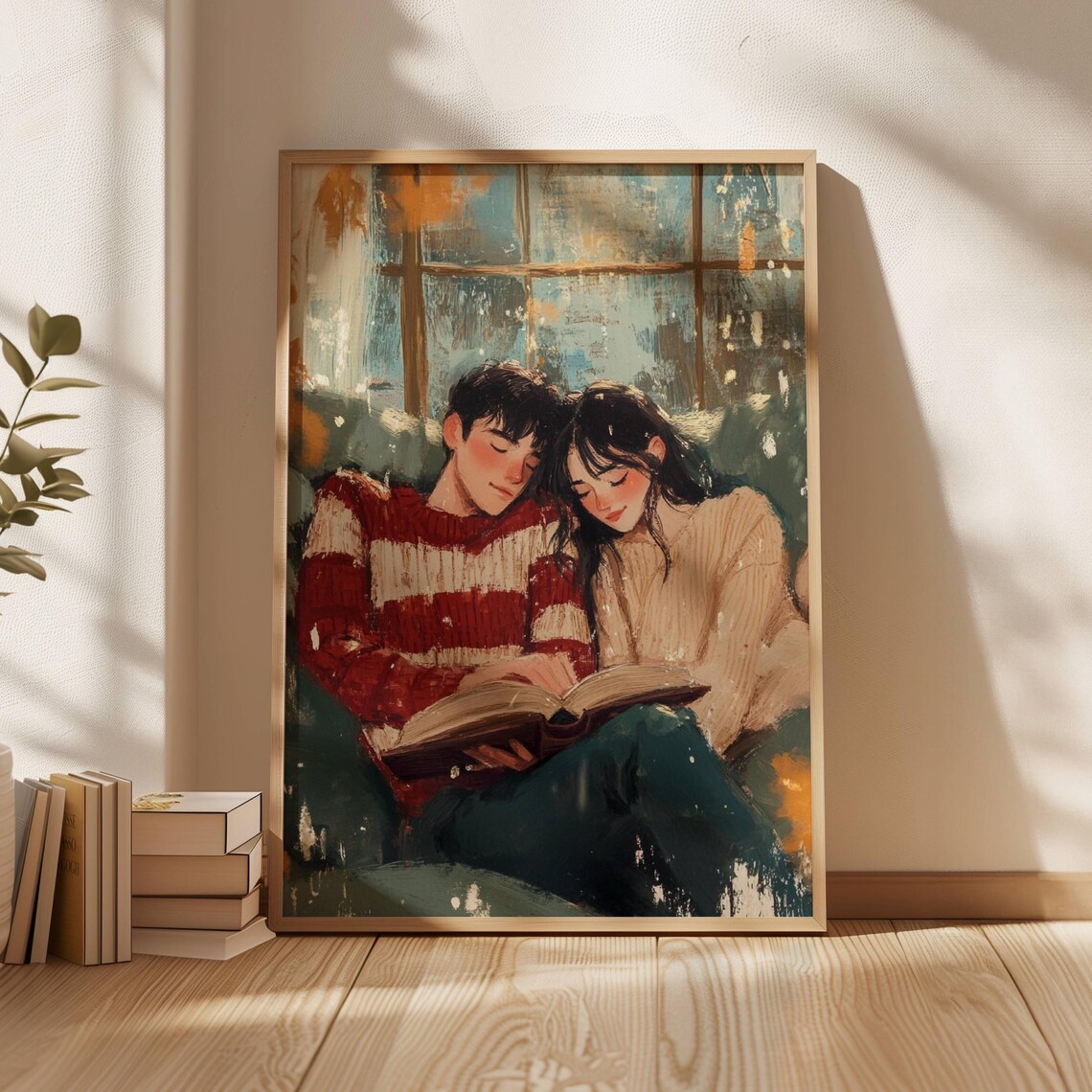 Cozy Couple Reading a Book Together by Window Warm Room Art Poster