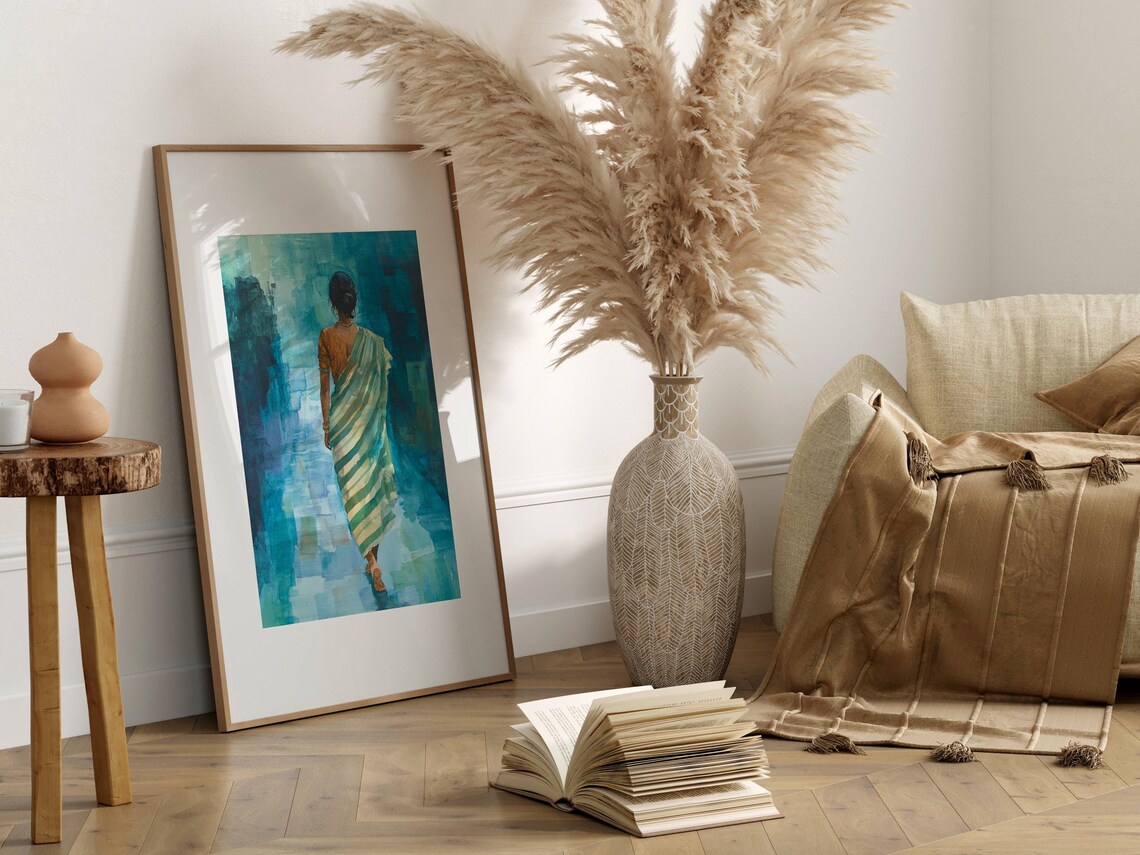 Indian Woman in Sari Teal Watercolor Figure Walking Away Poster - Image 3