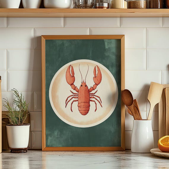 Lobster Print Kitchen Mediterranean Decor Coastal Painting Gift For Foodie Cafe Art Seaside Trendy Wall Art Home Decor Coastal Decor Crab