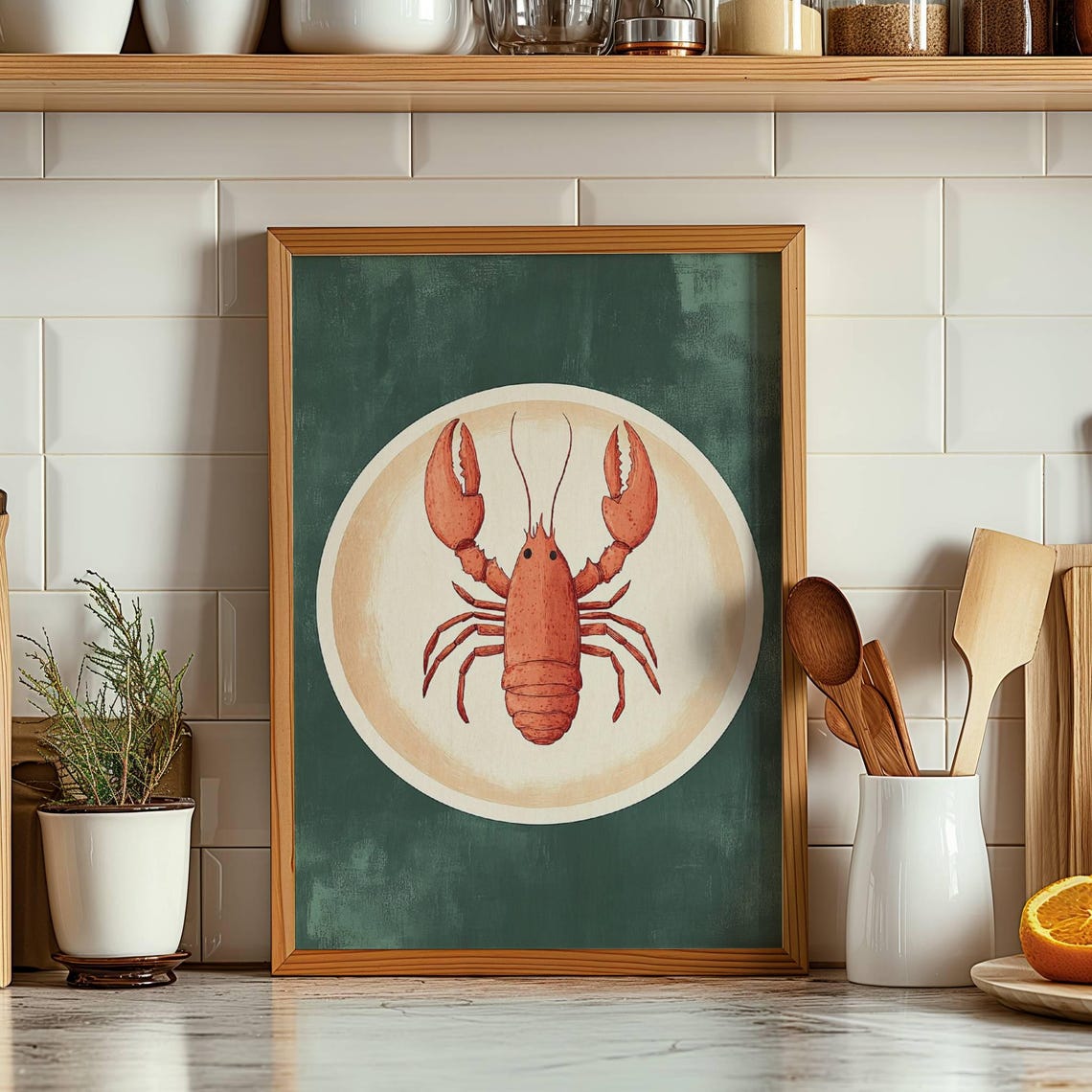 Lobster On Plate Kitchen Coastal Green Background Art Poster