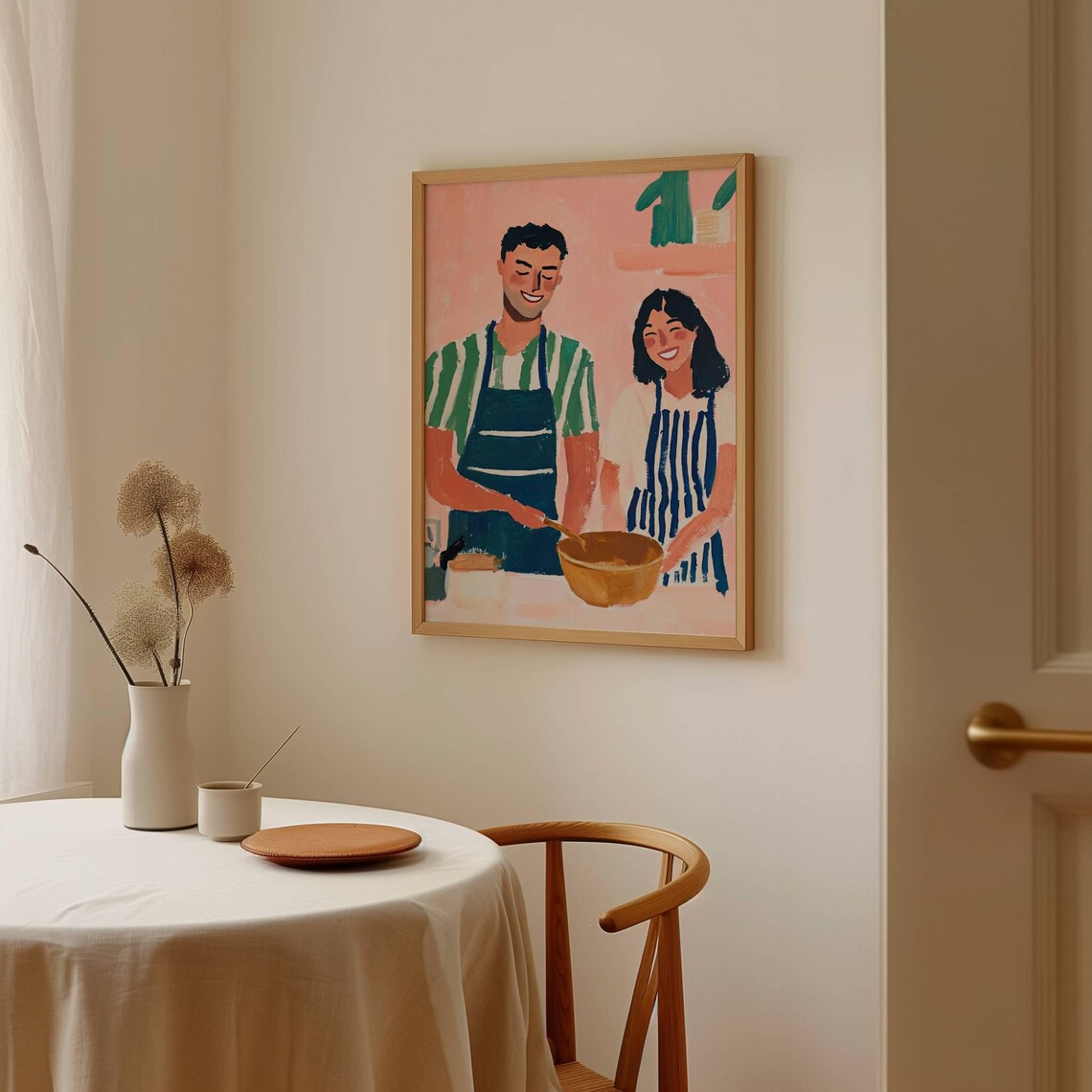Happy Couple Cooking Together in Kitchen Wearing Aprons Art Poster - Image 3