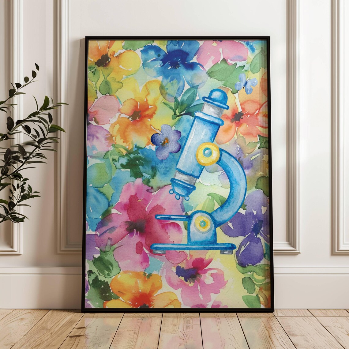 Blue Microscope Colorful Floral Watercolor Science Art Poster