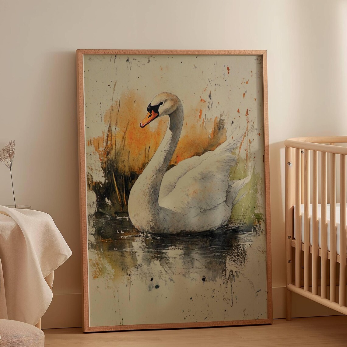 Elegant White Swan Lake Watercolor Neutral Nursery Decor Poster - Image 3