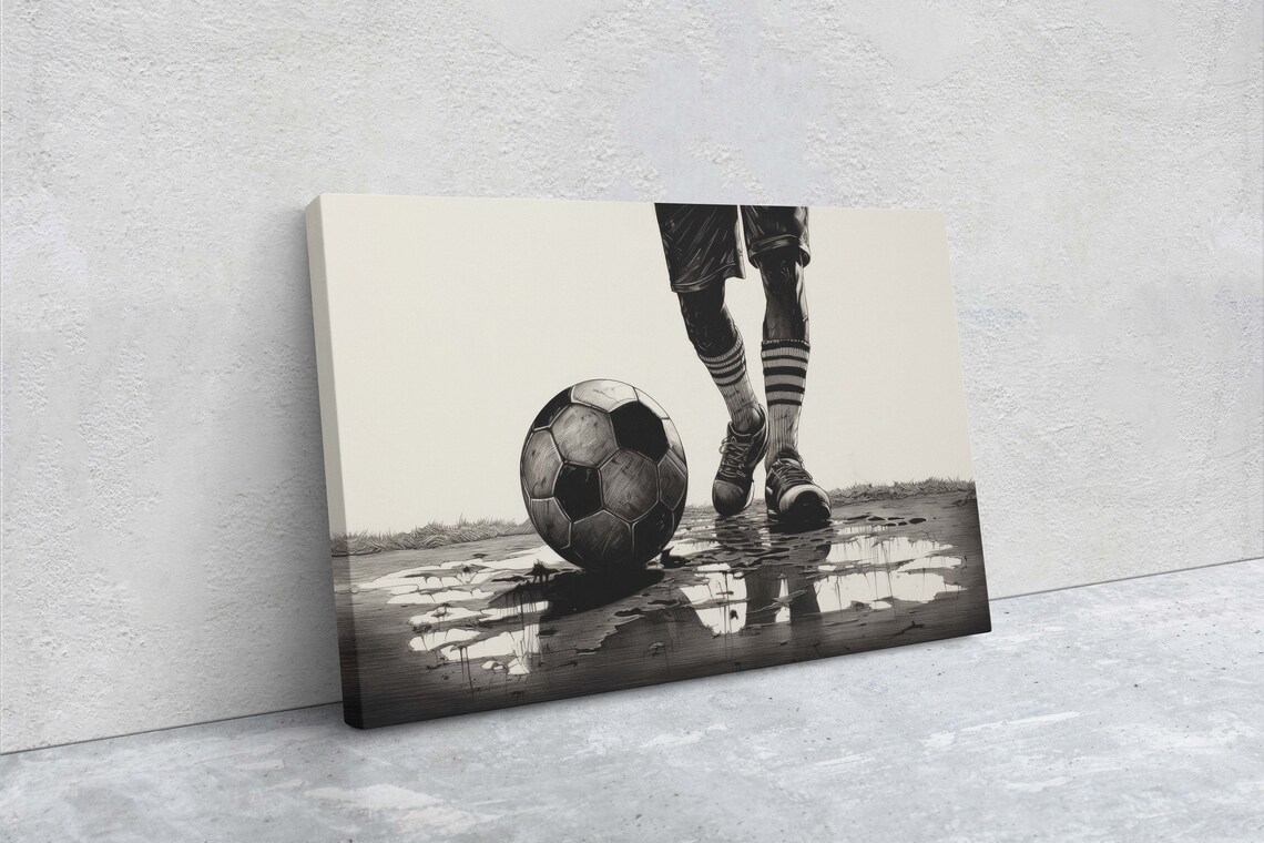 Black And White Soccer Player Ball Wet Ground Sports Action Art Print - Image 2