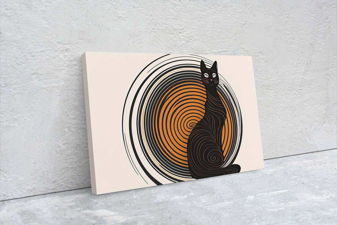 Minimalist Black Cat Orange Spiral Circle Mid Century Modern Boho Art Poster - Image 2