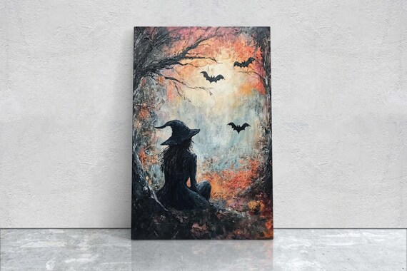 Witch Silhouette With Bats in Autumn Forest Moody Halloween Art Print