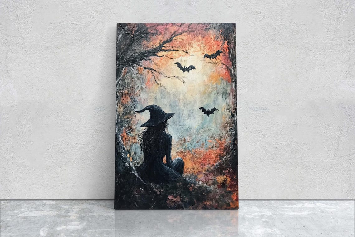 Witch Silhouette With Bats in Autumn Forest Moody Halloween Art Print