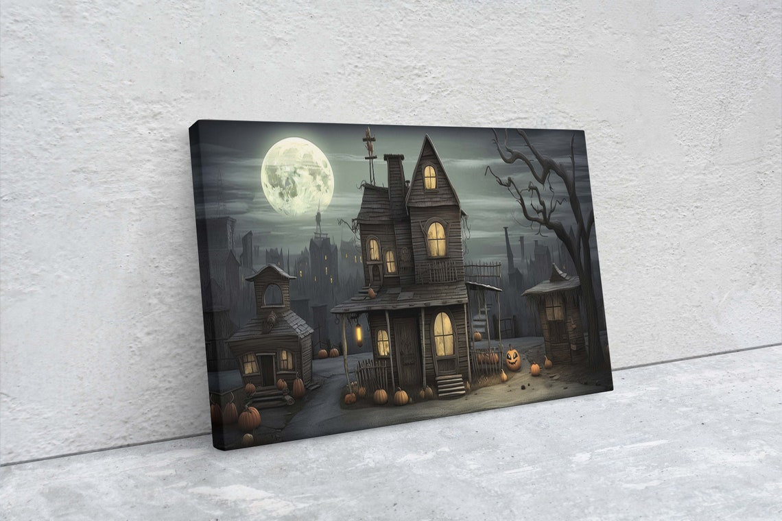 Spooky Haunted Mansion Full Moon Pumpkins Gothic Halloween Art Poster - Image 2