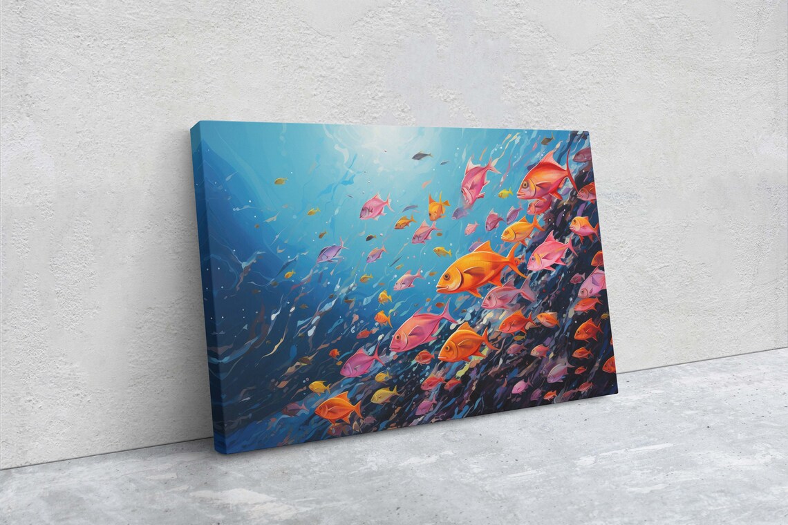 Fish School Painting Wall Art Abstract Blue Sea Painting Boho Wall Dcor Custom Painting Home Decor Large Original Framed - Image 2