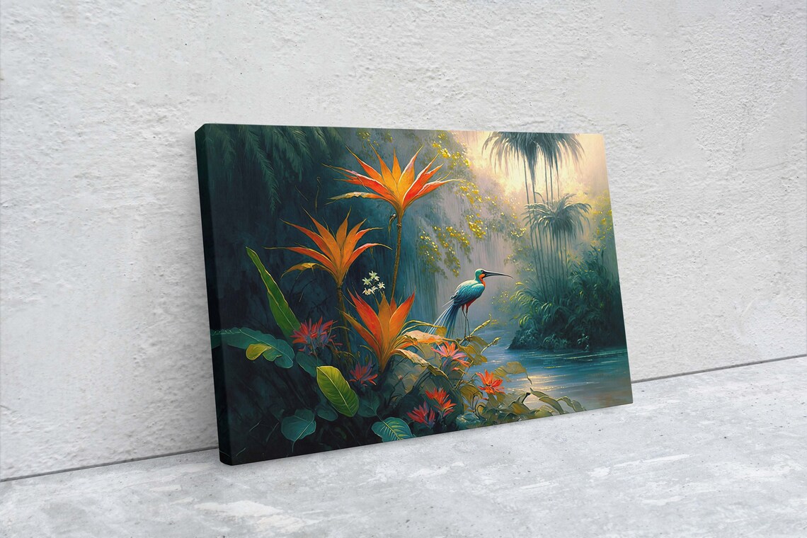 Jungle Flower Bird, Oil Painting Landscape Art Print - Image 2
