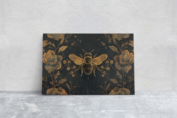 Floral Bee Cottagecore Art Print, Dark Tones Minimalist