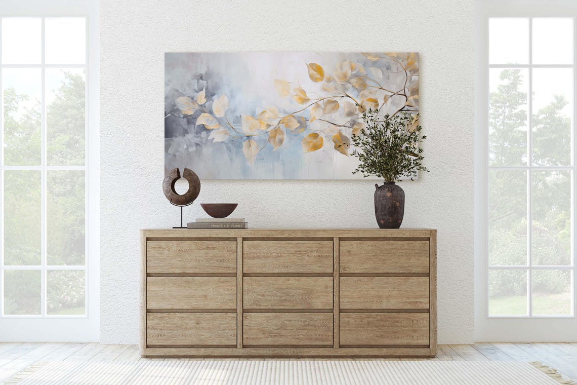 Golden Autumn Leaves Branch Soft Blue Grey Abstract Floral Wall Art - Image 2
