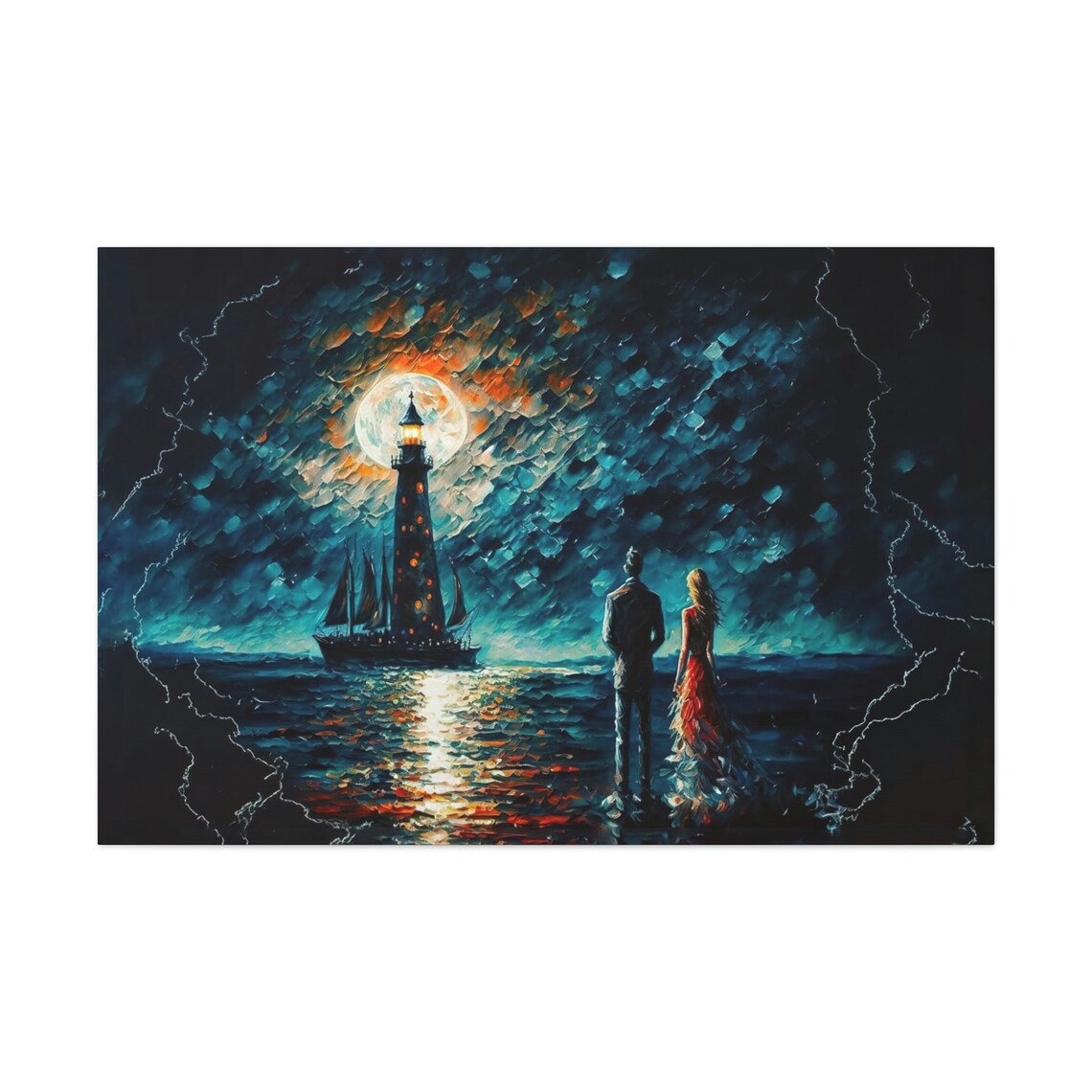 Couple Overlooking Lighthouse, Romantic Coastal Scene