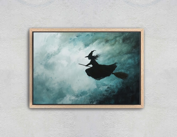 Flying Witch On Broomstick, Whimsical Halloween Art