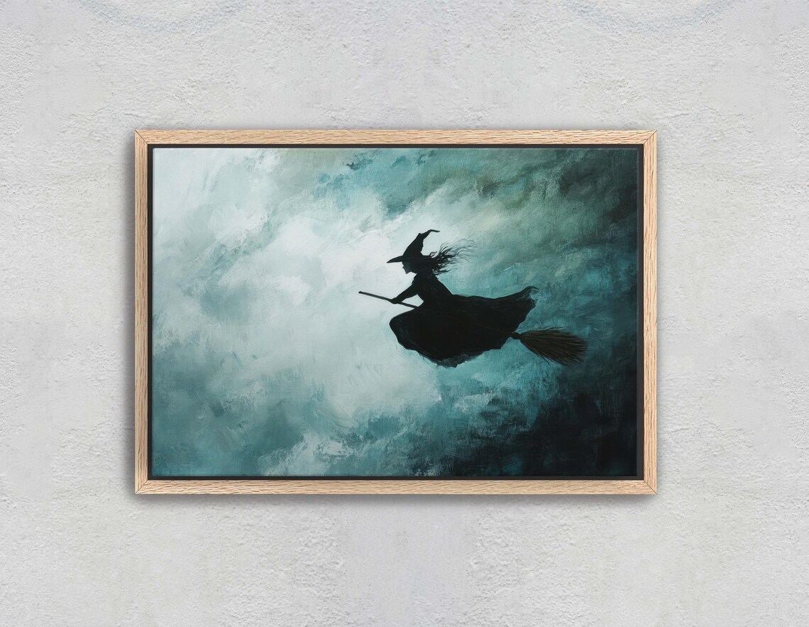 Flying Witch On Broomstick, Whimsical Halloween Art
