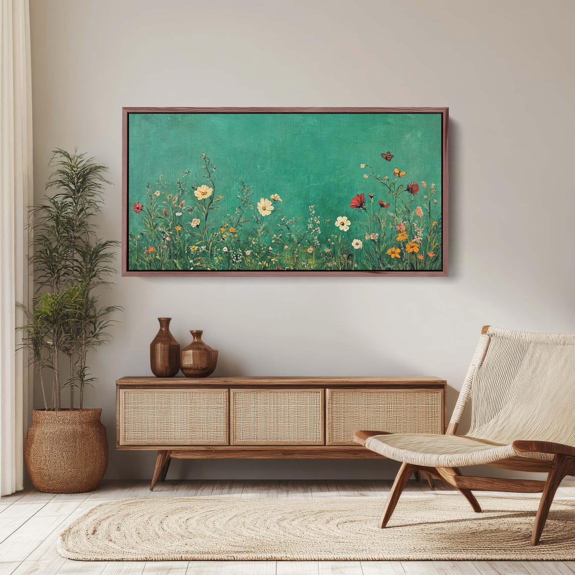 Wildflower Meadow On Emerald Green Textured Botanical Art Poster
