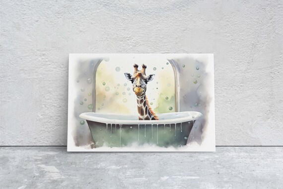 Giraffe In Bathtub Watercolor Bubble Bath Funny Bathroom Wall Art