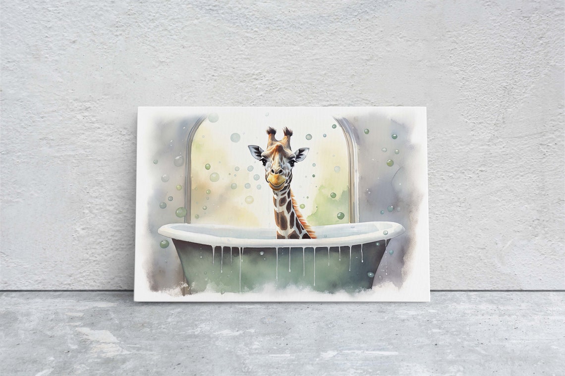 Giraffe In Bathtub Watercolor Bubble Bath Funny Bathroom Wall Art