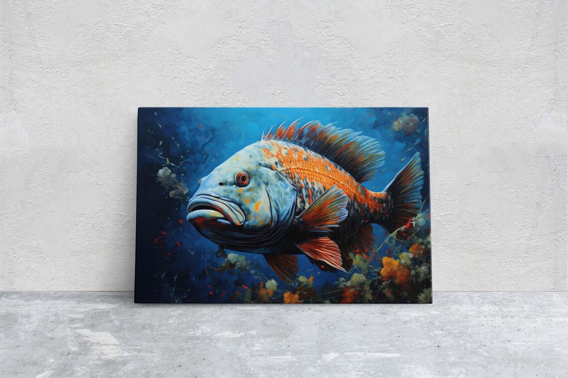 Fish Painting Wall Art Abstract Blue Sea Painting Boho Wall Dcor Custom Painting Home Decor Large Original Framed