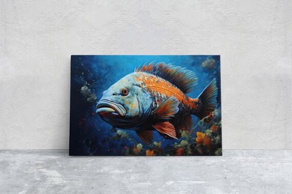 Fish Painting Wall Art Abstract Blue Sea Painting Boho Wall Dcor Custom Painting Home Decor Large Original Framed