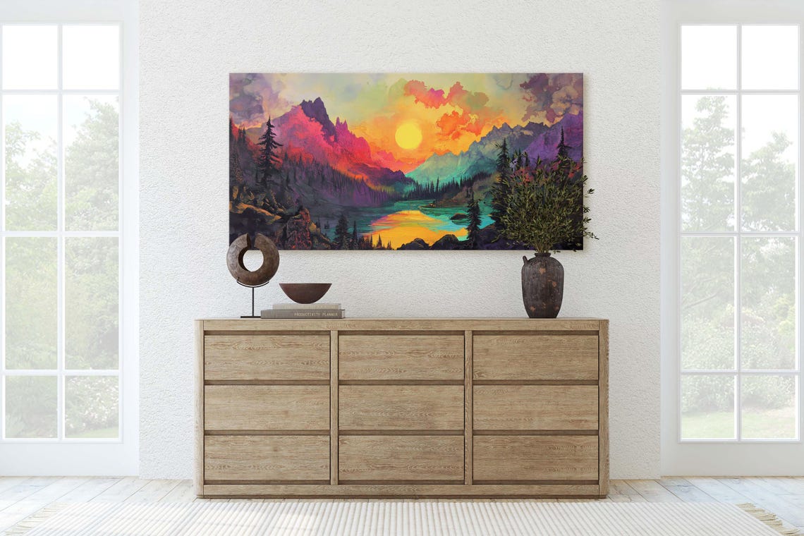 Glowing Sun Rising Over Red Mountain Peaks Alpine Lake Poster - Image 2