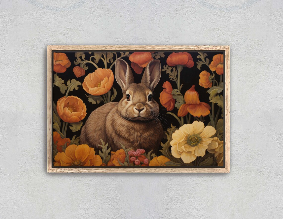 Brown Rabbit Vivid Orange Poppies Dark Floral Botanical Art Poster - Image 2