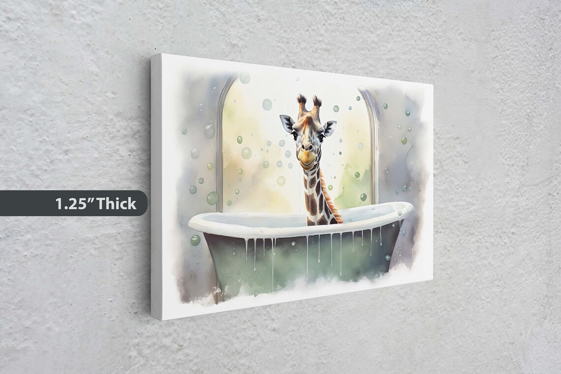 Giraffe In Bathtub Watercolor Bubble Bath Funny Bathroom Wall Art - Image 3