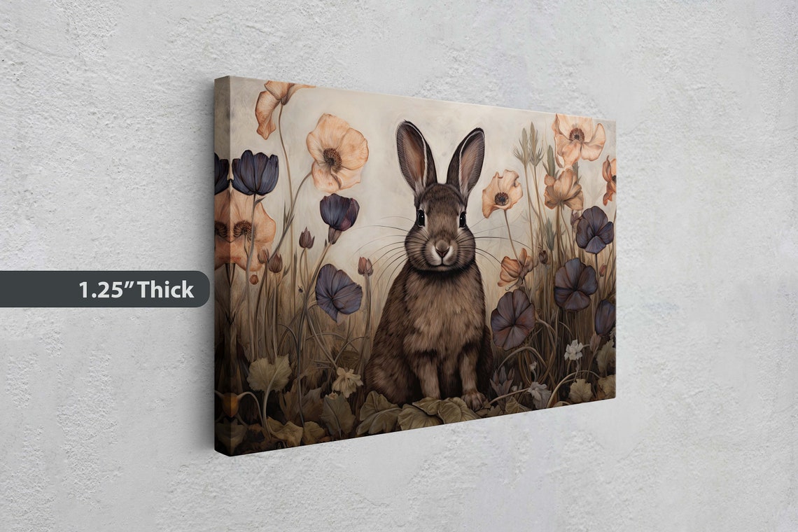 Brown Bunny Among Wildflowers Earth Tone Floral Vintage Art Poster - Image 3