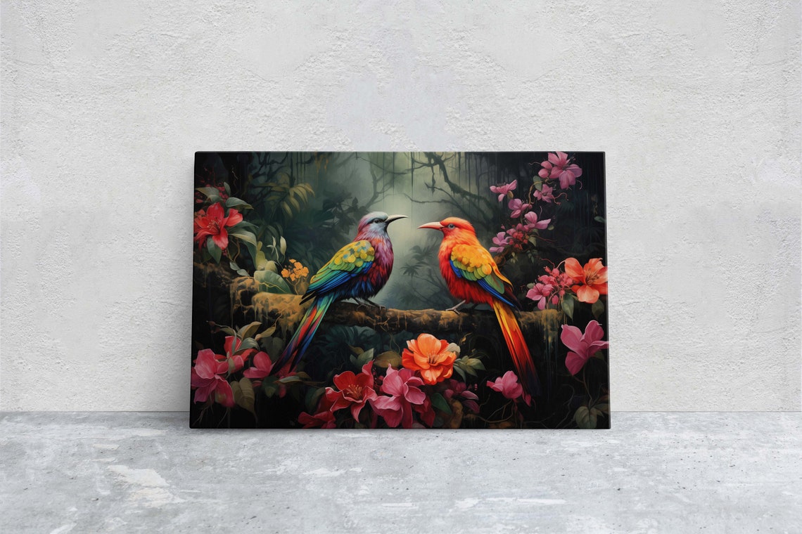 Two Colorful Tropical Birds Flowers Dark Jungle Romantic Art Poster