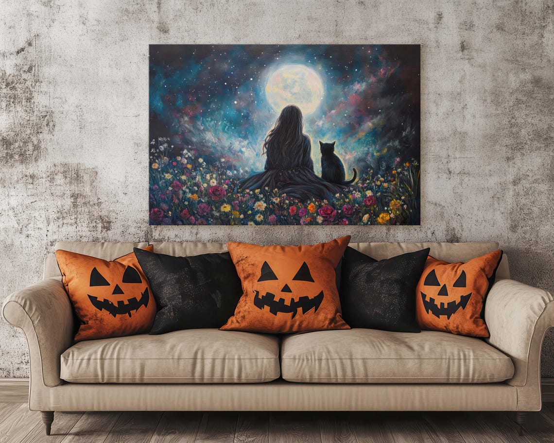 Witch Girl and Black Cat Under Full Moon Starry Night Sky Art Print