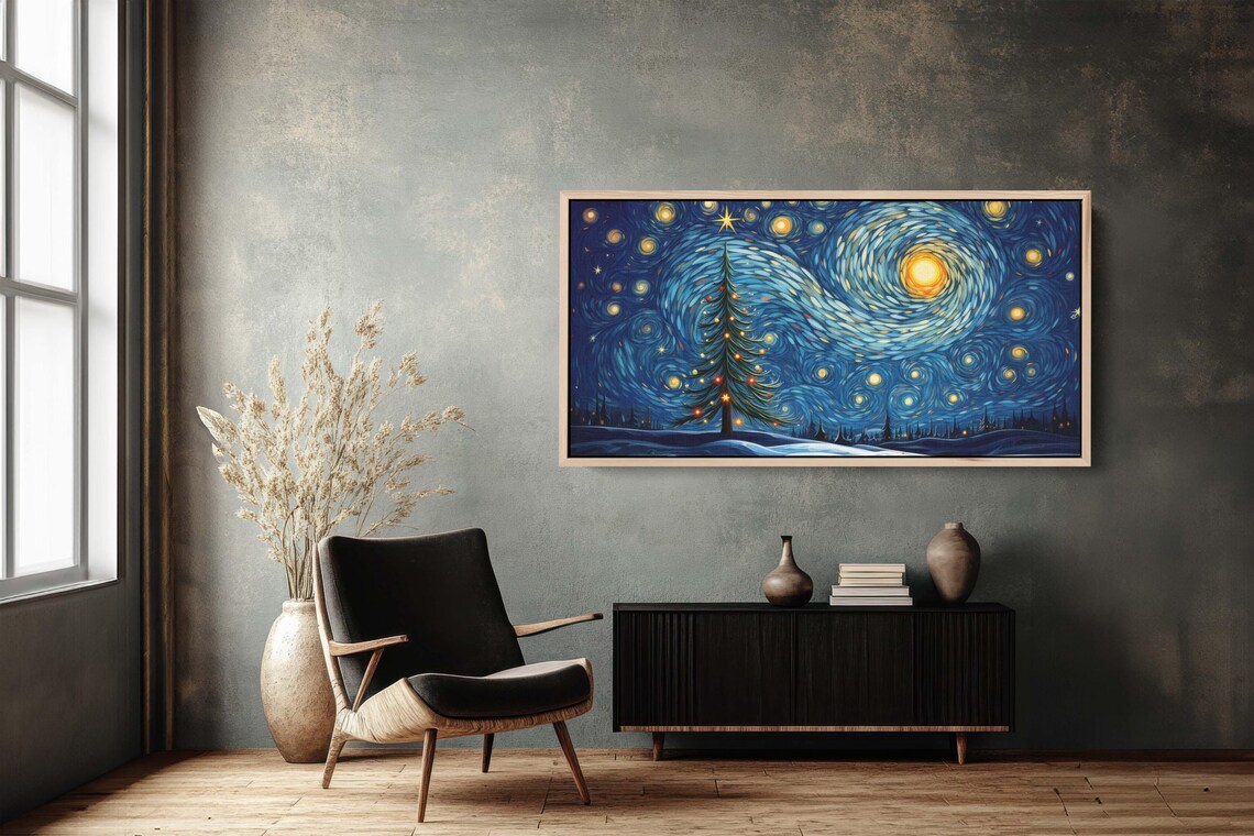 Starry Night Christmas Tree, Winter Decor Art Print - Image 3