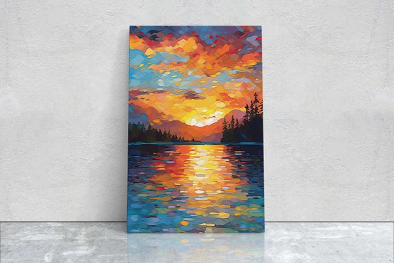 Lake At Sunset Fauvist Color Calm Water Chromatic Impressionist Art Landscape Decor Nature Painting Ready To Hang Print