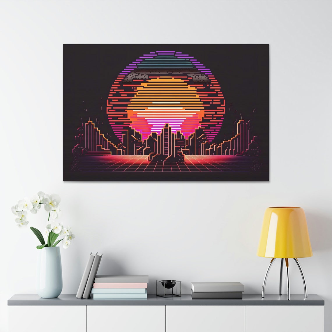 Retro Pixel Art Sunset City Skyline Neon Grid 80s Arcade Wall Poster - Image 2