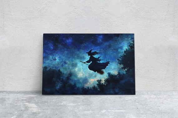 Flying Witch On Broomstick, Whimsical Halloween Art