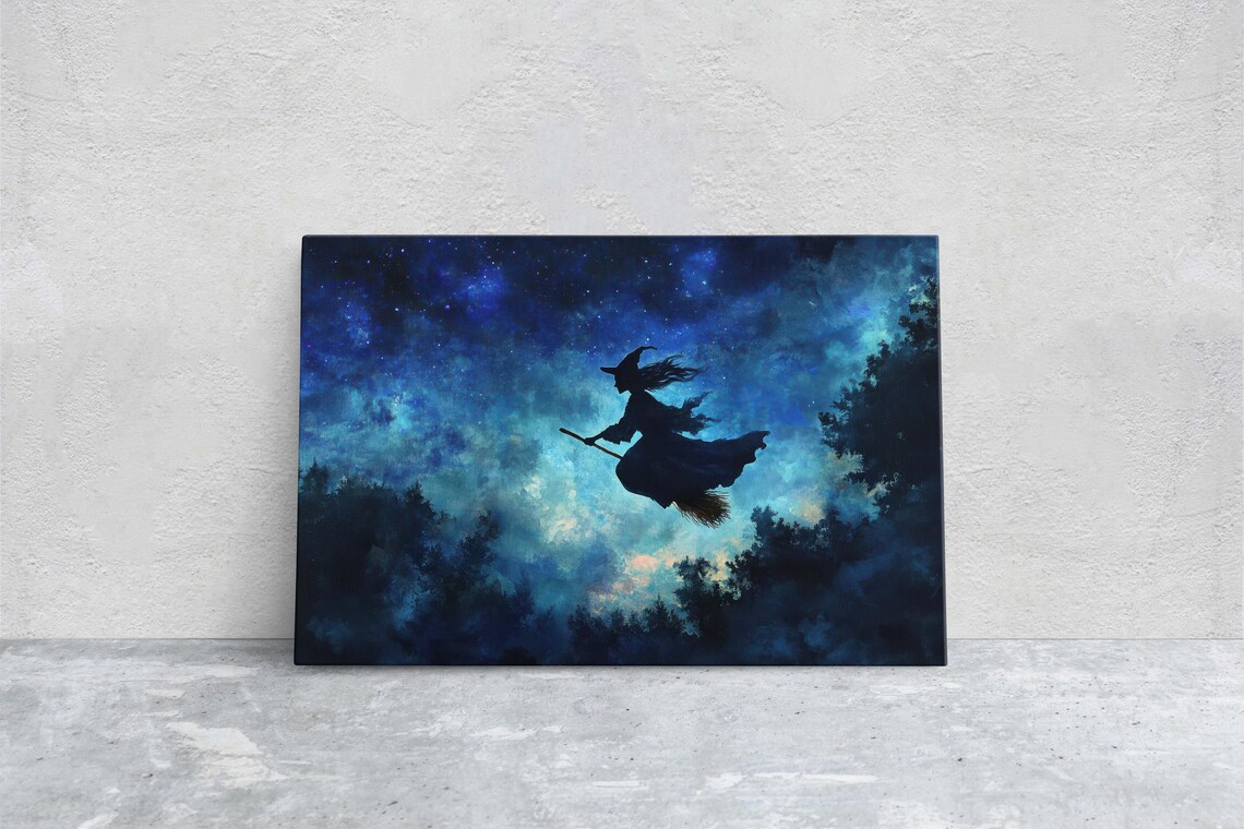 Flying Witch On Broomstick, Whimsical Halloween Art
