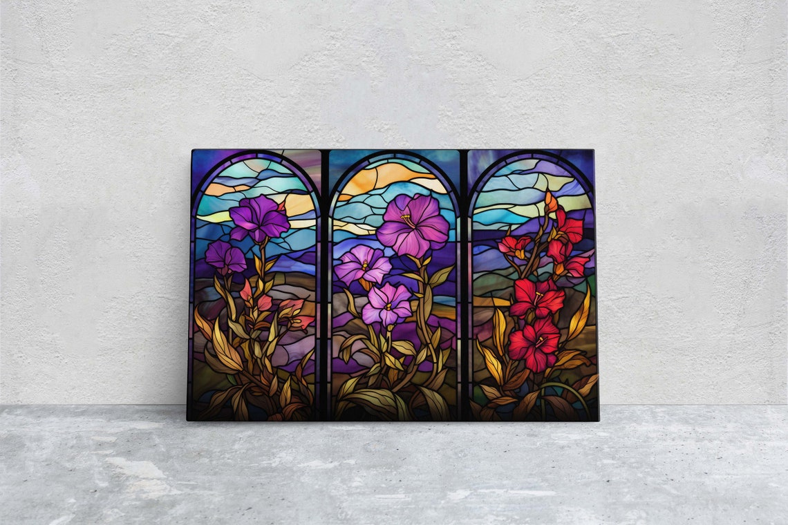 Stained Glass Wildflower Triptych Window Pink Purple Red Art Print