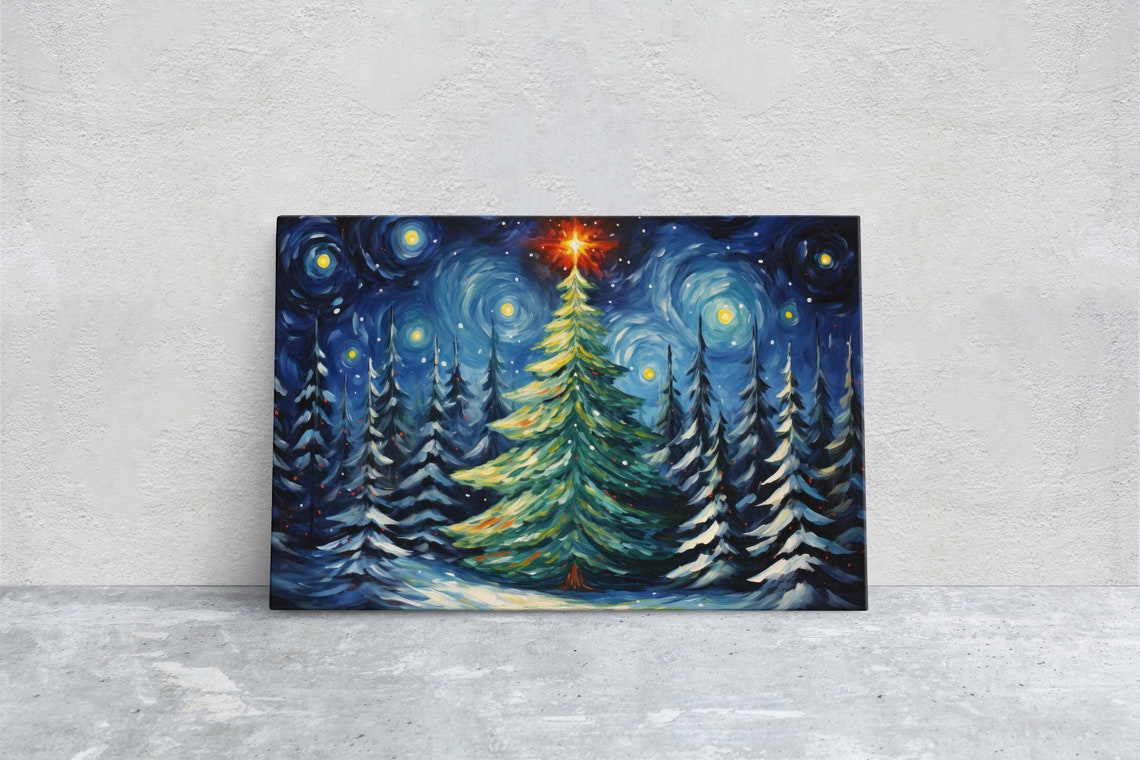 Starry Night Christmas Tree Snowy Pines Winter Holiday Art Poster