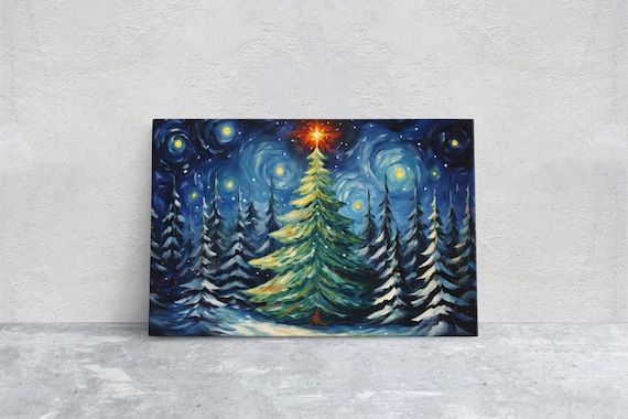 Starry Night Christmas Tree Snowy Pines Winter Holiday Art Poster