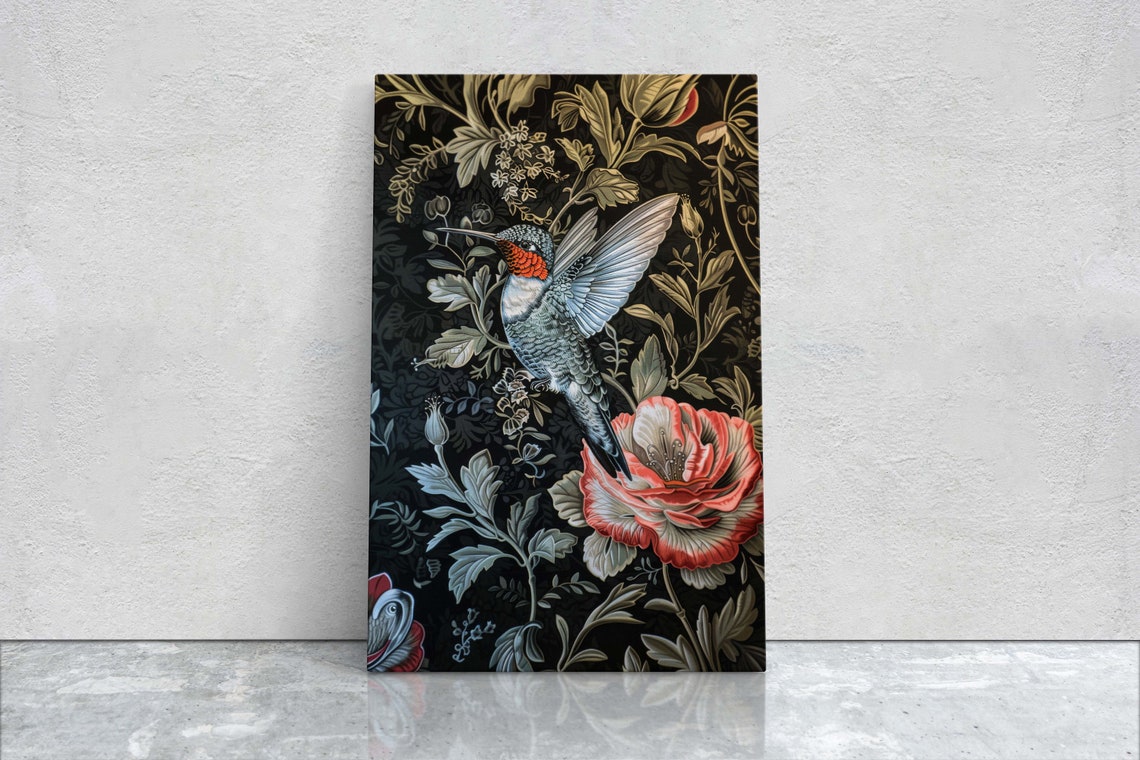 Hummingbird William Morris Style Floral Dark Botanical Art Poster