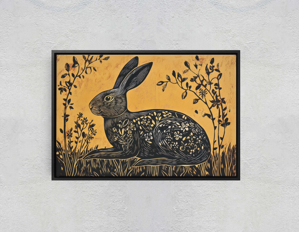 Folk Rabbit Linocut Art Print, Cottagecore Nature