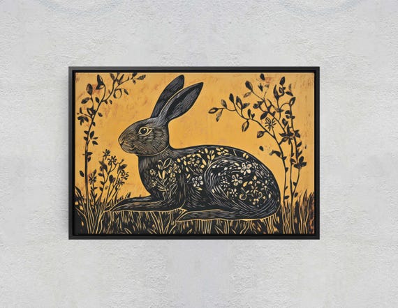 Folk Rabbit Linocut Art Print, Cottagecore Nature