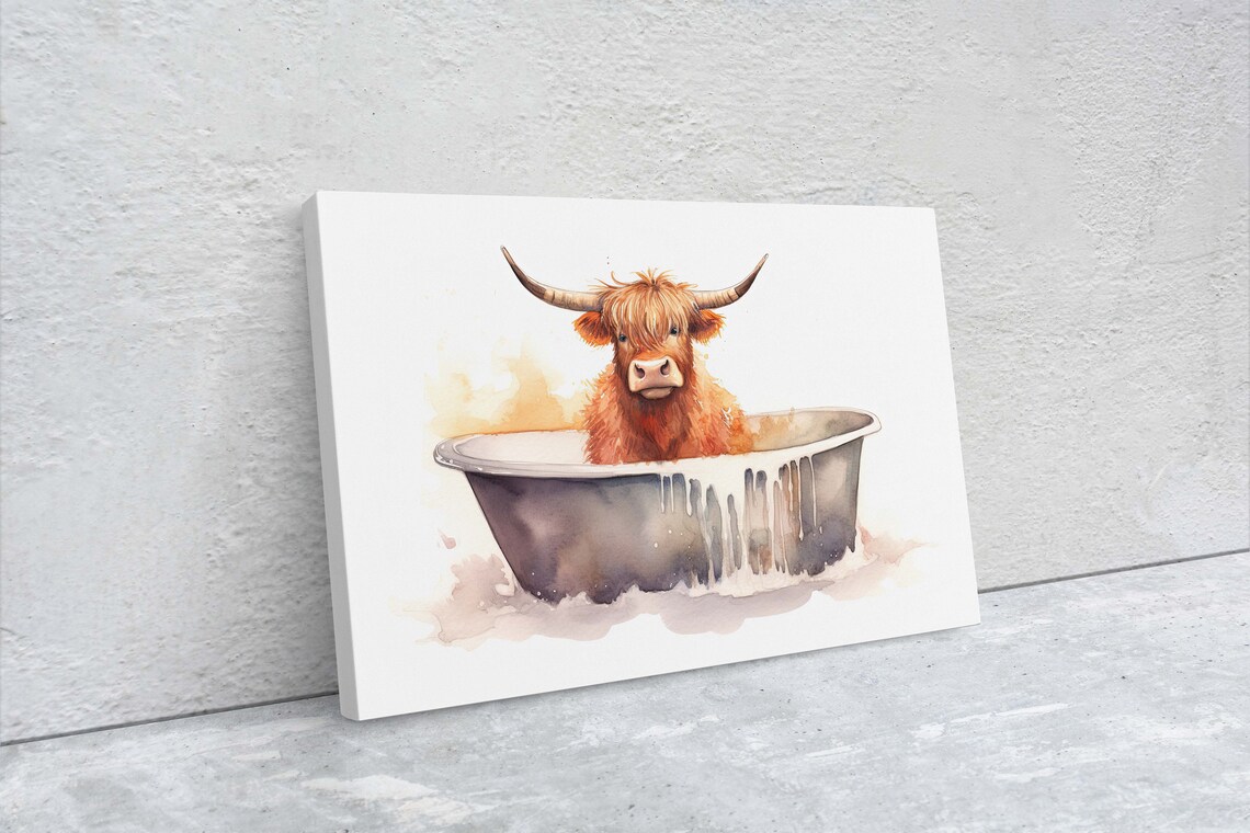 Highland Cow In Bathtub Watercolor Funny Farm Bathroom Wall Art - Image 2
