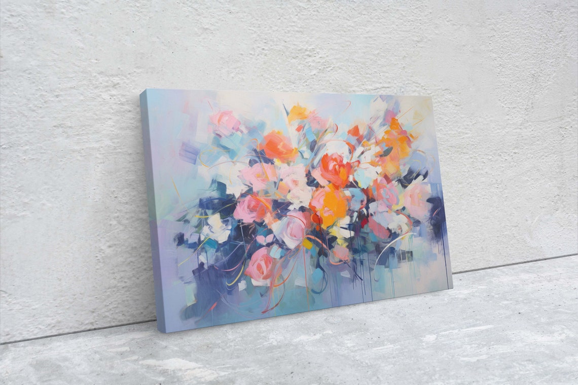 Abstract Floral Bouquet Vivid Orange Pink Roses Blue Canvas Art Poster - Image 2