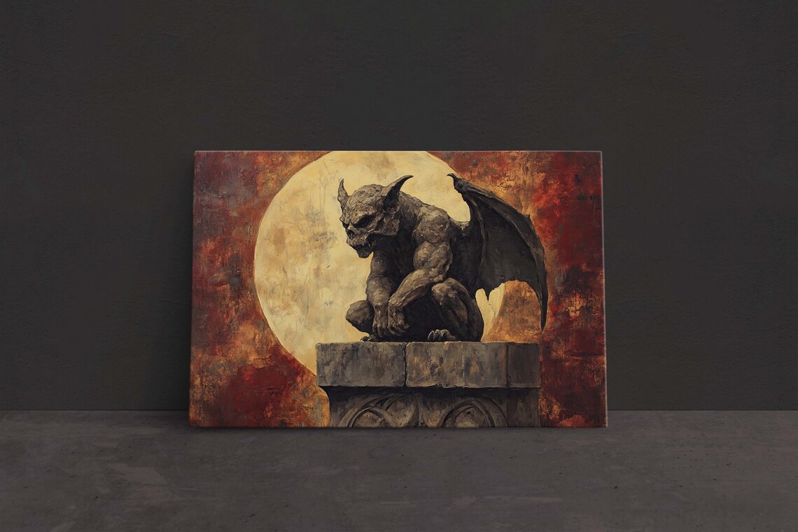 Gargoyle Night Moon, Gothic Halloween Art Print
