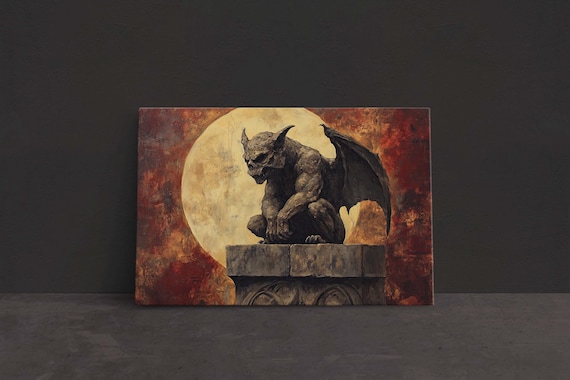 Gargoyle Night Moon, Gothic Halloween Art Print