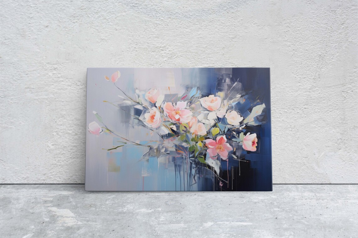 Pale Pink Blossoms Moody Indigo Night Floral Abstract Art Poster