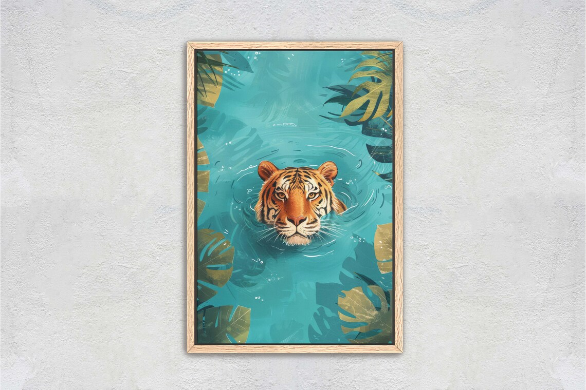 Tiger Swimming in Turquoise Jungle Water Big Cat Animal Art Poster - Image 2